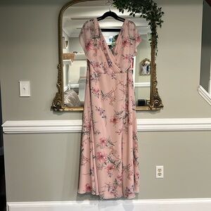 Monique Lhullier pink floral flutter sleeve gown size 20